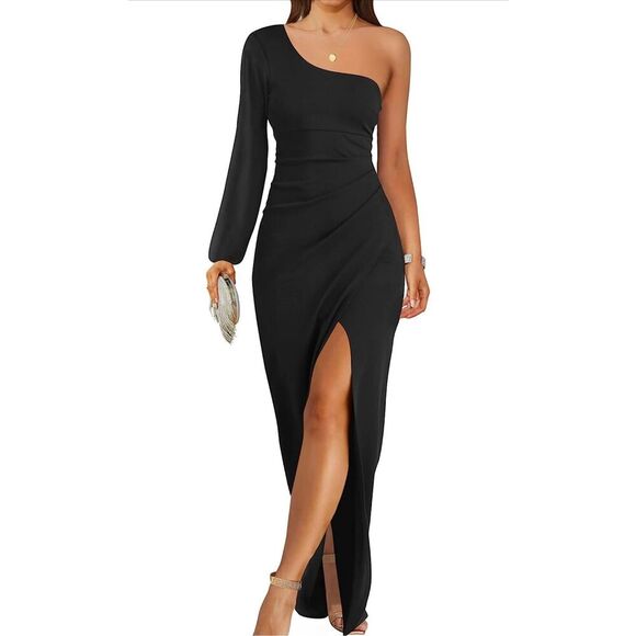 NEW ZESICA 1 Shoulder Cocktail Dress High Slit Ruched Bodycon L - Picture 1 of 6